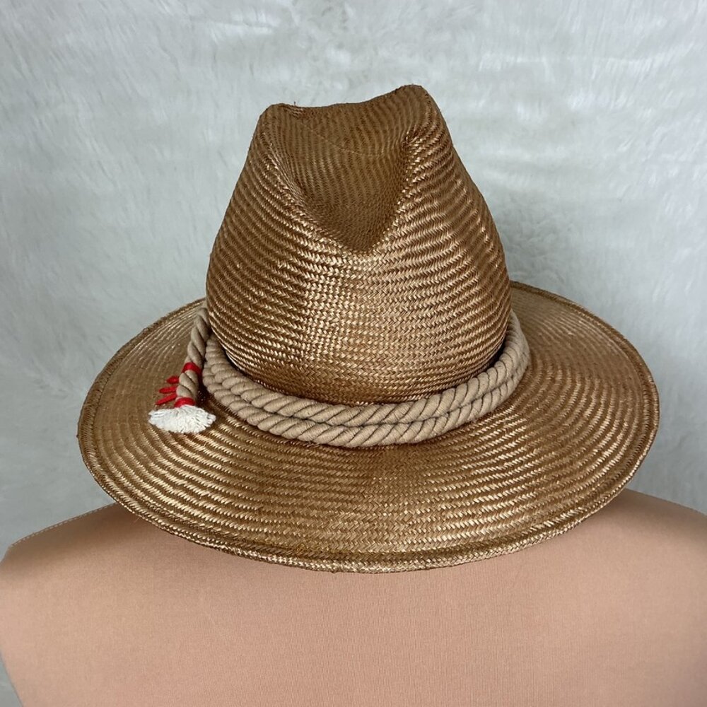 Alessandra Rivera Beige Straw Rope Trim Red Floral or Sun Embroidery Hat M - Picture 2 of 7